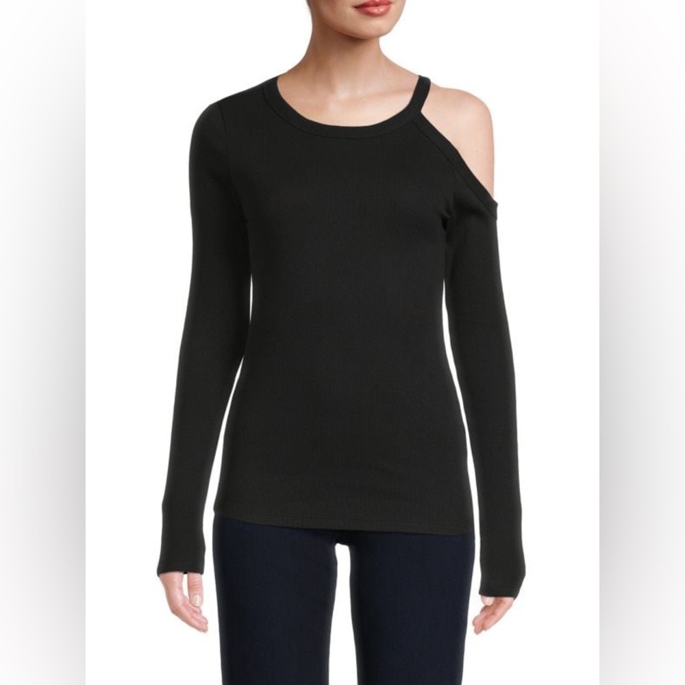 RENEE C. Rib Knit Cutout Top Black Size L